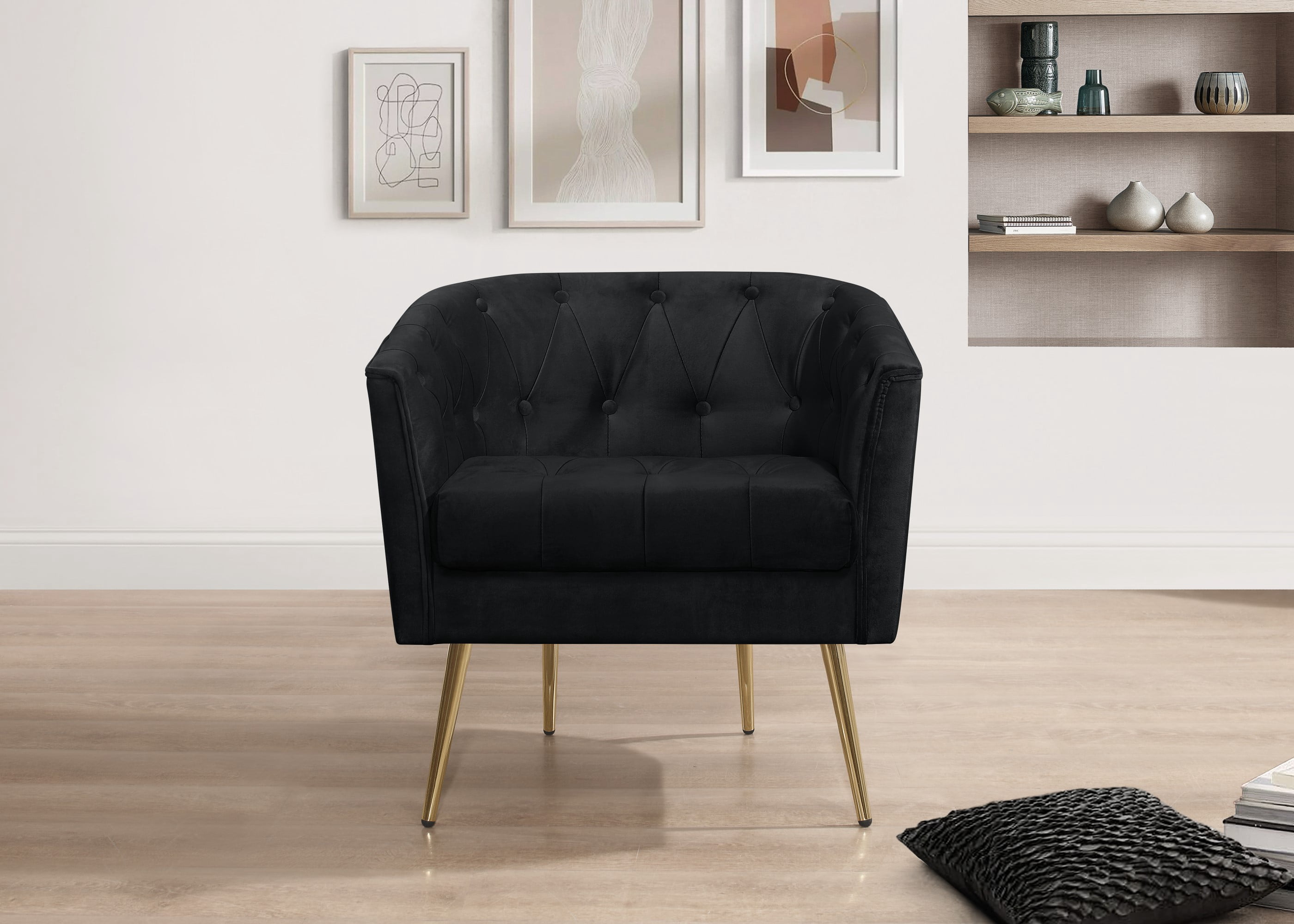 Home Design Cassy Tufted Velvet Flared Arm Chair with Ottoman Stool, Gold Metal Legs and Modern Accent Seating