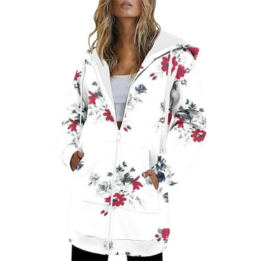 Feancey Long Zipper Hoodies for Women Fall Winter Long Sleeve Fleece Sweatshirt Jacket Lightweight Zip Up Hooded Jackets with Pockets Daily Deals Clearance White L