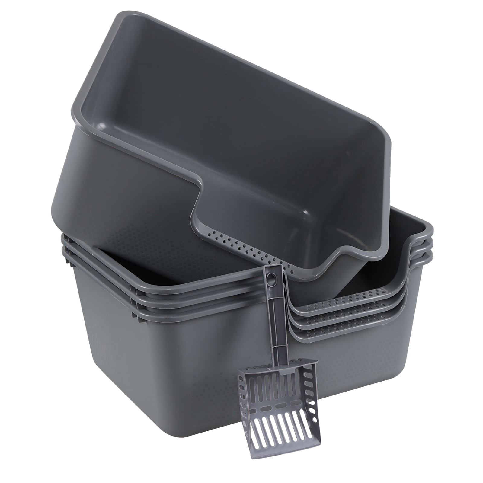 Afromy 4-Pack Plastic High Wall Cat Litter Box with Scoop, Open Air Kitty Litter Pan,  Gray