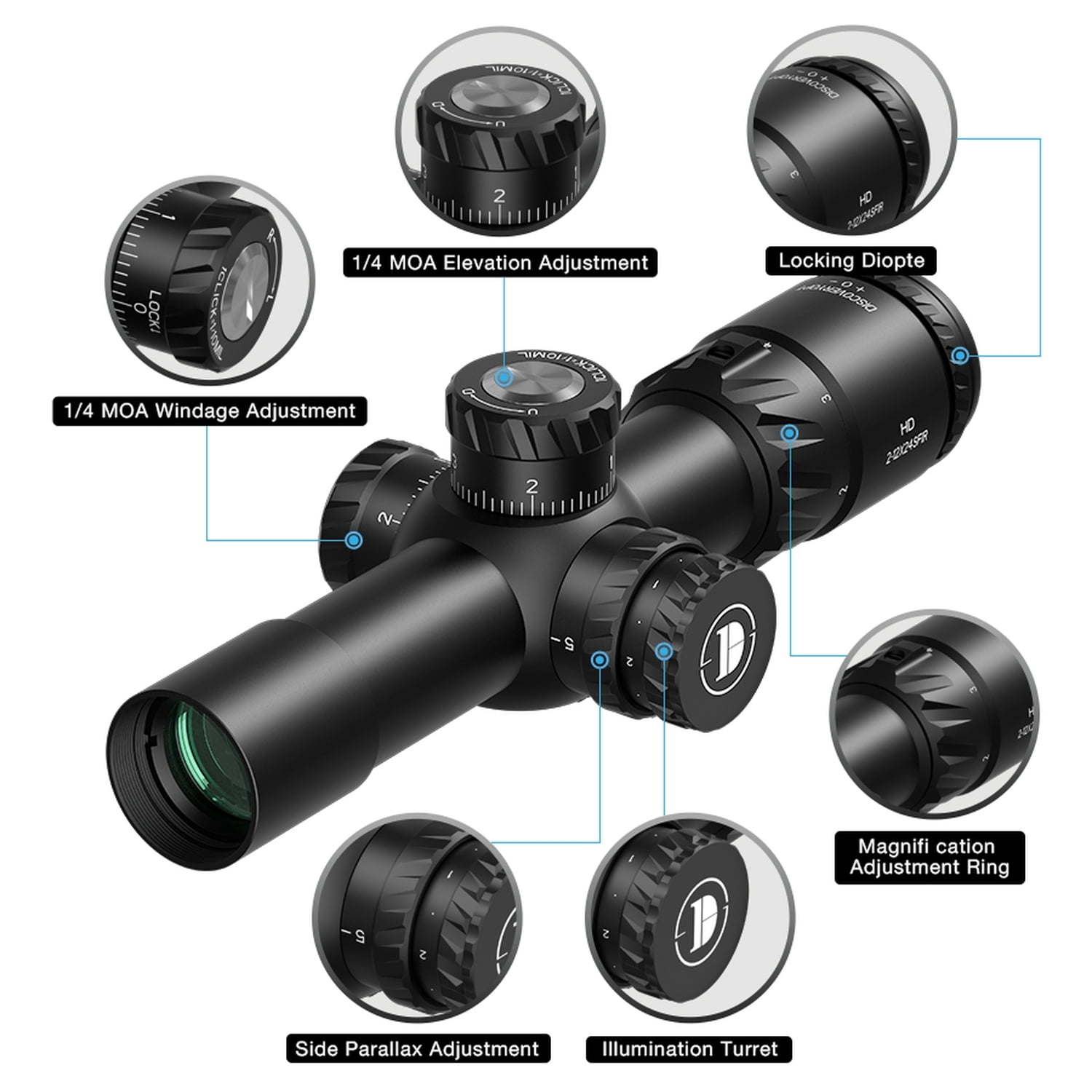 DISCOVERYOPT HD 2-12X24 Hunting Riflescope FFP Side Focus Illuminated Reticle 30mm Tube Optics Scope