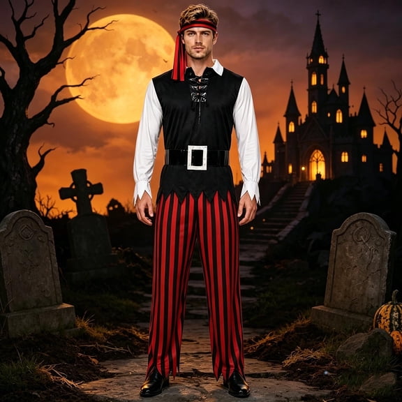 FASHOFT Men's Caribbean Pirate Halloween Costumes Cosplay Outfit Set Masquerade Party Stage Performance Fancy Dress Up Halloween Costume M