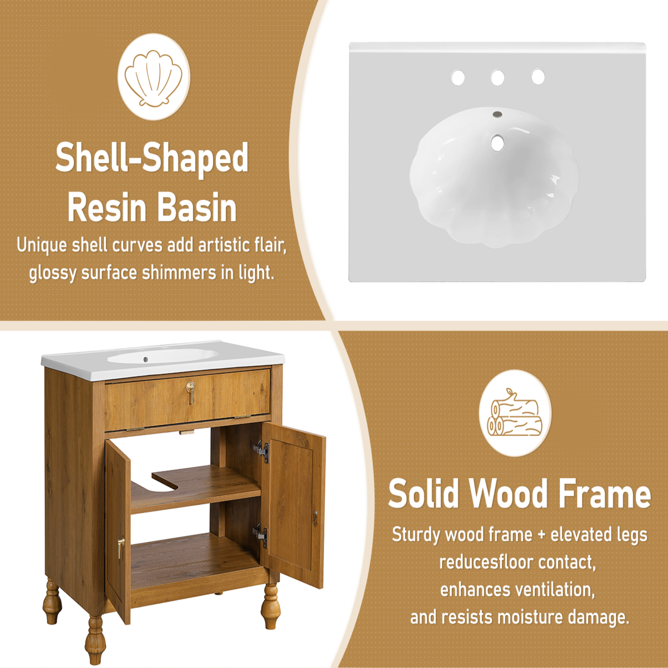Christopher Knight Home 30" Bathroom Vanity with Seashell Resin Sink, Flip-Up Storage and Soft-Close Doors, Brown