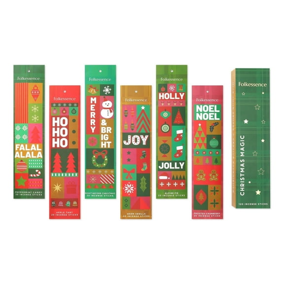 Folkulture Christmas Incense Sticks | Set of 6 Non Toxic Insenses (120 Sticks) | Peppermint Candy, Apple Tart, Frosted Cranberry, Alpine Fir | Organic Warm Vanilla Inscents Sticks or Insence Sticks