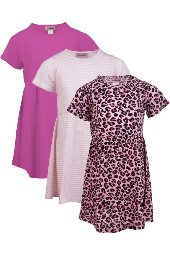 Girls 3 Pack Short Sleeve Skater Dress Soft Cotton Cute Designs Spring Summer | Sizes 4-16