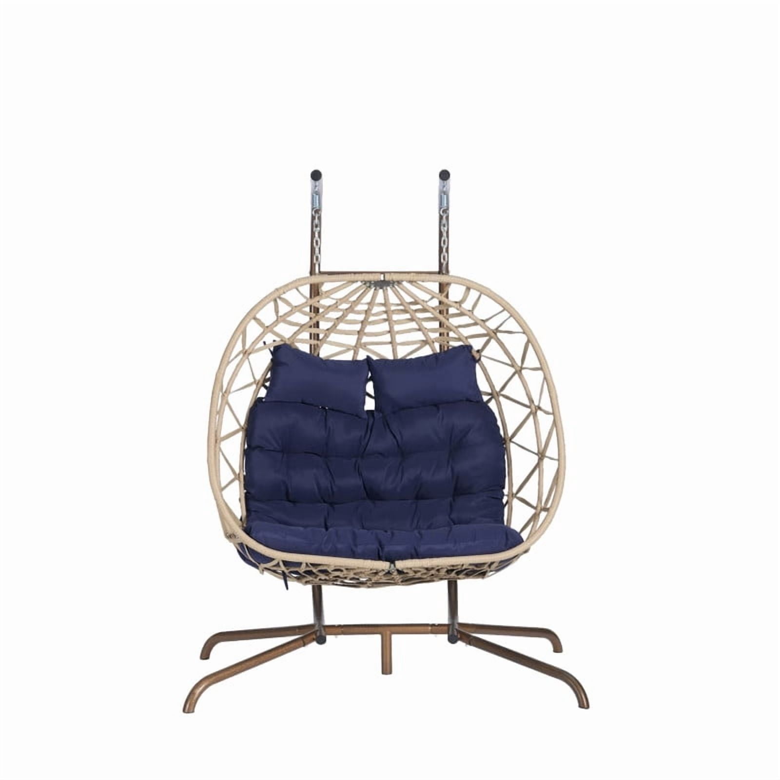 Double Swing Egg Chair with Stand,2 Person Indoor Outdoor Wicker Loveseat, Oversized Patio Hanging Basket Chair with Cushions, Cozy Sturdy Porch Swing for Backyard
