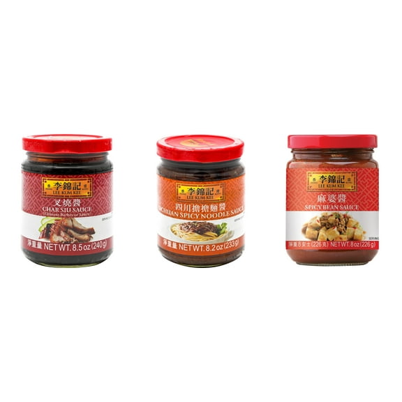 3 Pack Lee Kum Kee Cooking Sauce, 3 Flavors(Char Siu Sauce,Sichuan Spicy Noodle Sauce,Spicy Bean Sauce) Plus NineChef Brand Long Handle Coffee Spoon