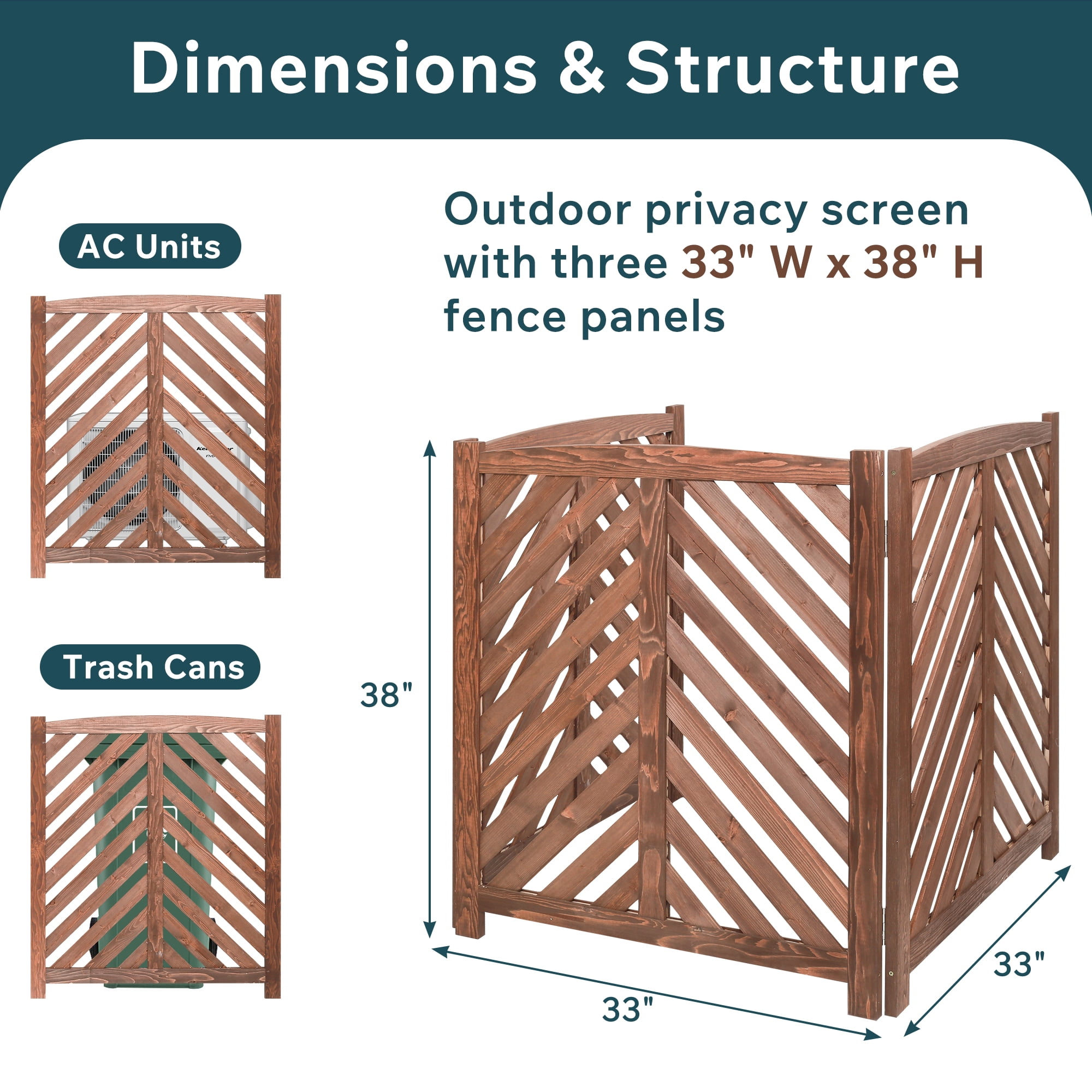 Air Conditioner Fence Screen, Outside Cedar Privacy Fence 3 Panels to Hide AC & Trash Enclosure, 33"W x 38"H