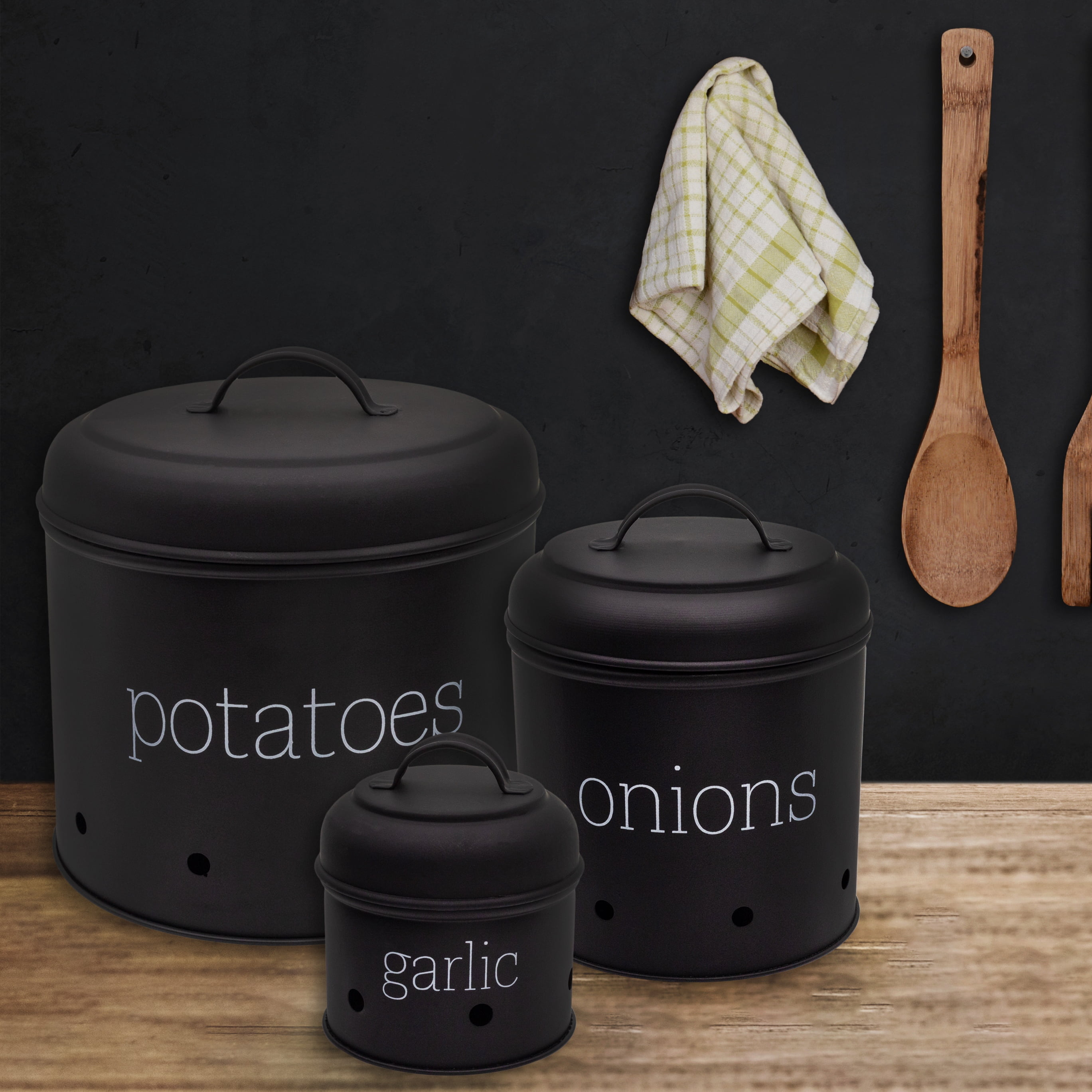 Potato, Onion & Garlic Kitchen Storage Canisters, Set Of 3, Farmhouse  Collection Black : Target