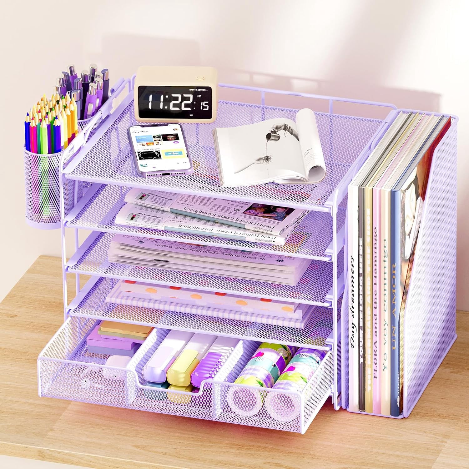 ThrottleT-Desk Organizers and Accessories with File Holder, 5-Tier Office Desk Accessories & Workspace Desktop Organizer with Drawer and 2 Pen Holder, File Paper Organizer for Office Supplies(Purple)