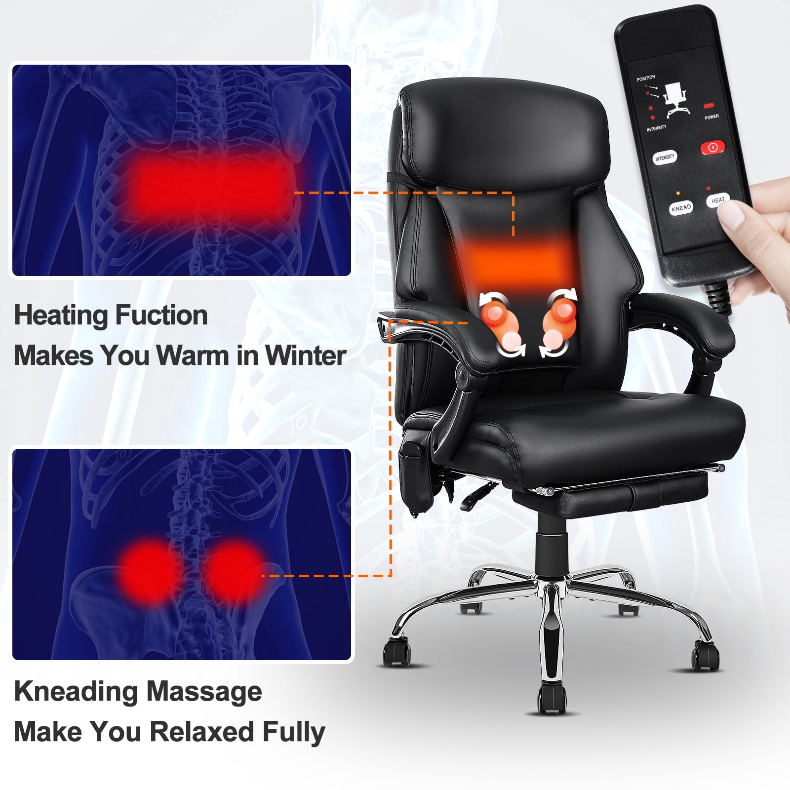 NOBLEMOOD 4 Points Massage Heated Office Chair with Foot Rest&Pillow Black Ergonomic Excutive Office Chair for Adult