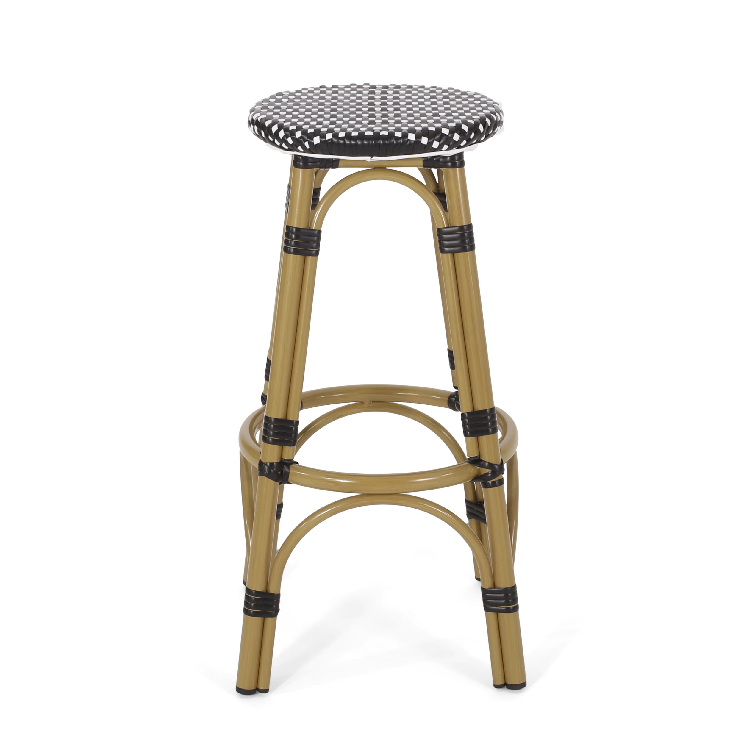 Wilbur Aluminum and Wicker Outdoor 29.5 Inch Barstools, Set of 4, Black, White, and Bamboo Finish
