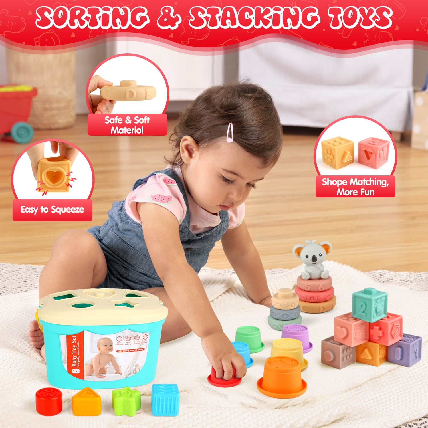 UQN Montessori Toys for 1 Year Old, 4 In 1 Baby Blocks Toys 6-12 Months, Soft Baby Teething Toys, Learning Gifts for Baby Girls Boys, Birthday Chrismas Gift