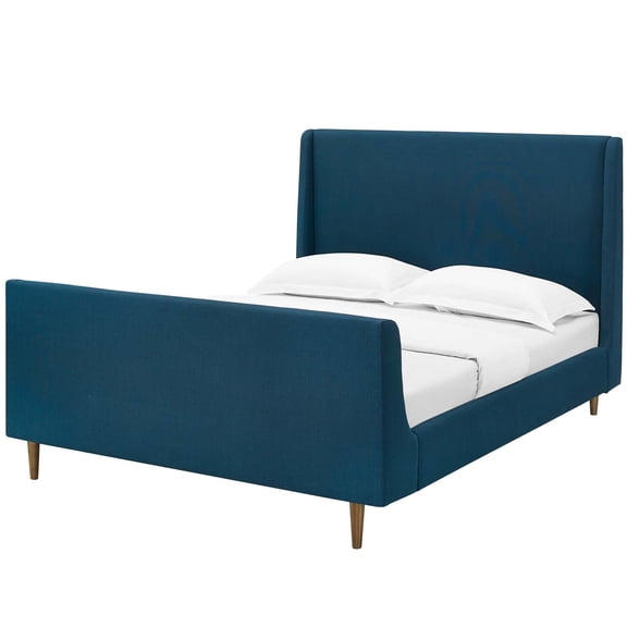 Modern Contemporary Urban Design Bedroom Queen Size Platform Bed Frame, Fabric, Navy Blue