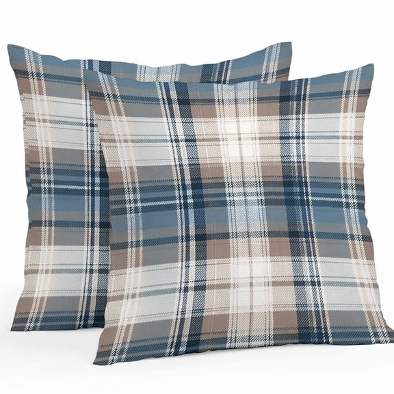 Throw Pillow Covers 20x20 Inch Set of 2, Blue Brown Plaid Waterproof Outdoor Pillow Covers, Vintage Abstract Stripes Lattice Decorative Cushion Pillowcases for Couch, Sofa, Bed, Garden, Patio