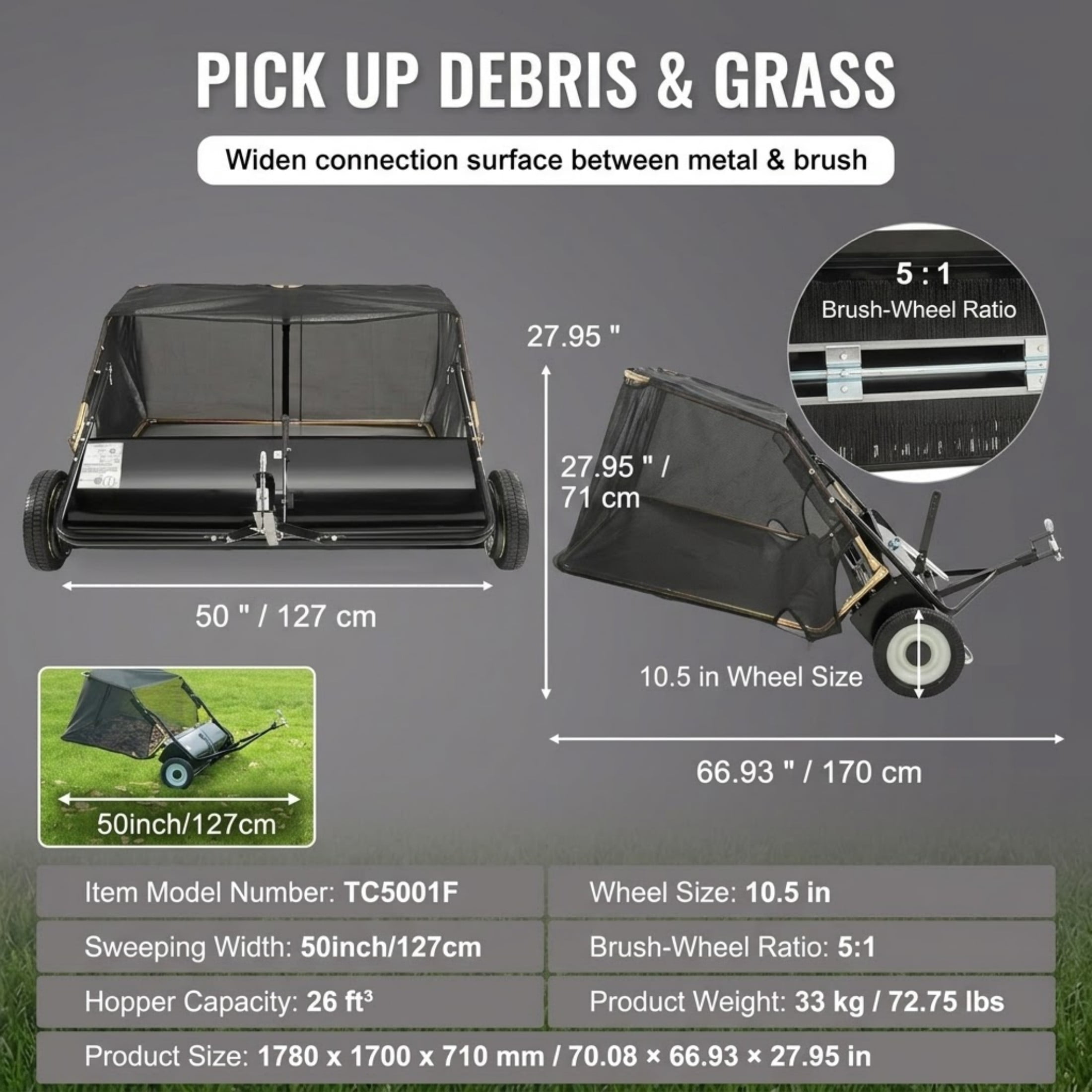 50" Tow Behind Lawn Sweeper, 26 cu. ft Large Capacity Pull Behind Leaf and Grass Collector with Adjustable Height, Heavy Duty