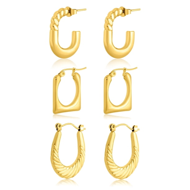JeenMata Juego de 3 Aros de Moda para Mujer Chapados en Oro Amarillo
