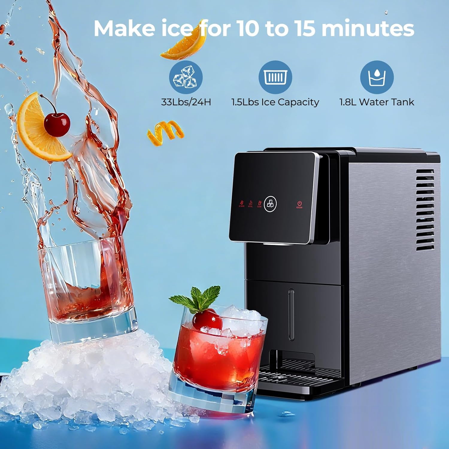 WAA Countertop Nugget Ice Maker 33 lb/24H Self-Cleaning, Touch Screen,Auto Ice Drop (1.8L Tank & 1.5 lb Storage)