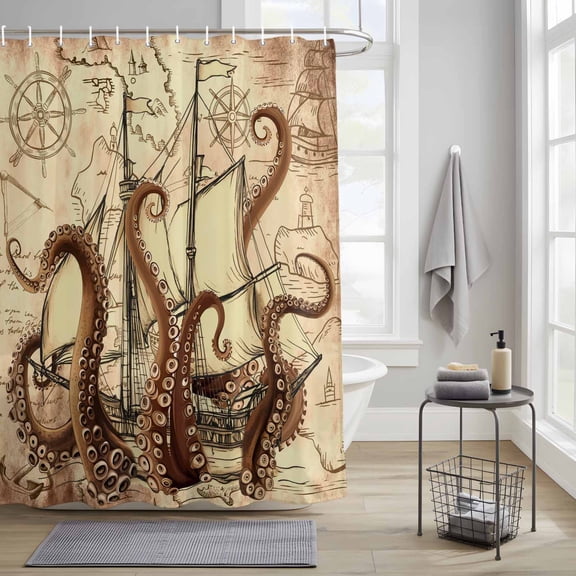 Bathroom Shower Curtain Retro Coastal Ocean Octopus Waterproof Shower Curtains with Hooks, Nautical Sailing Boat on Map Bath Curtains Bathtub Curtain Home Decor 36x72in
