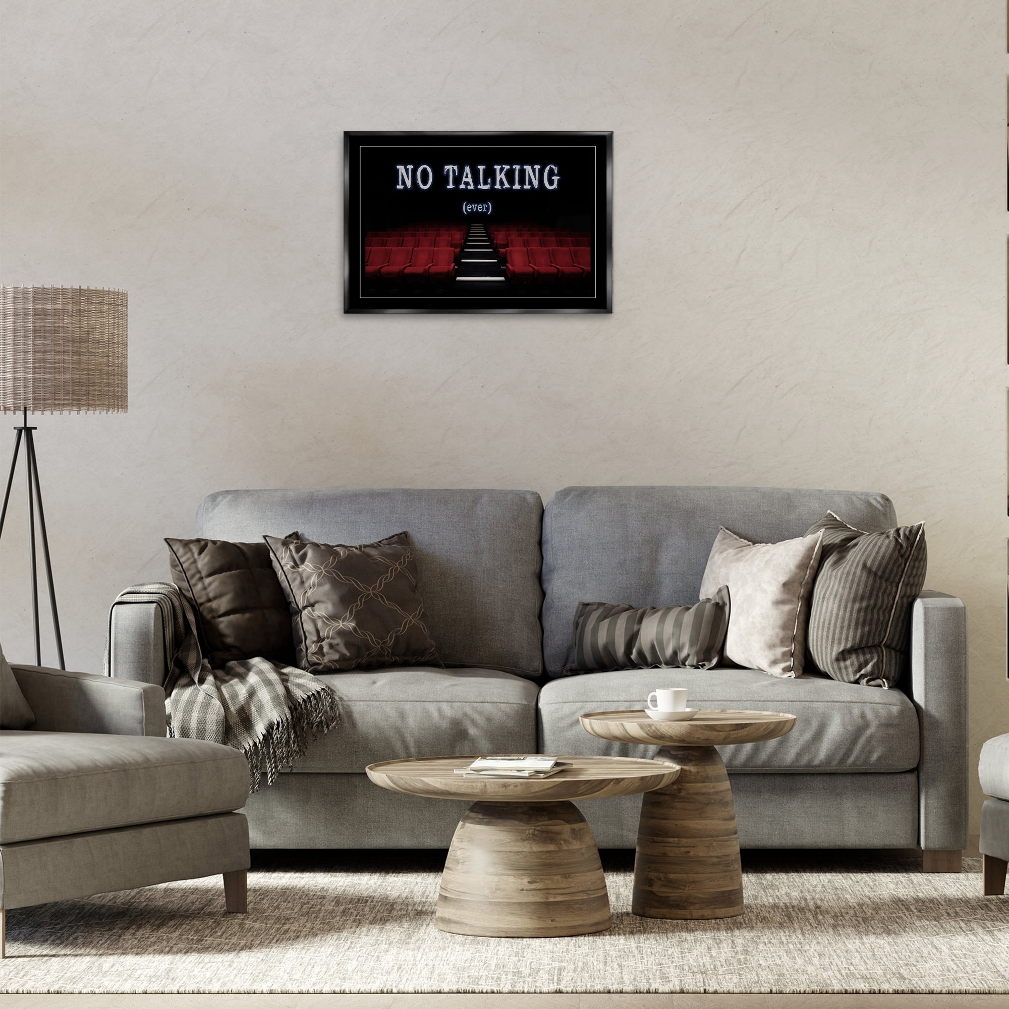 Stupell Industries No Talking Move Theater Entertainment Painting Black Floater Framed Canvas Art Print Wall Art, 25 x 17