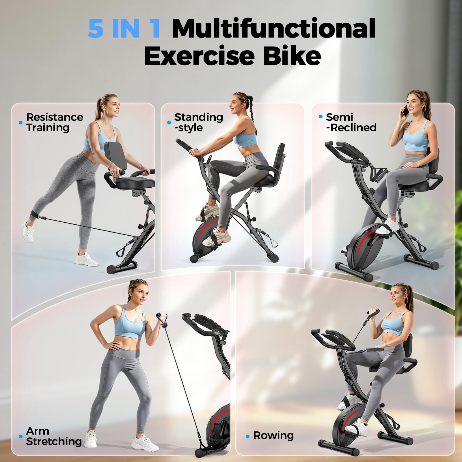 UPGO 5 IN 1 Folding Exercise Bike with 6.6 LBS Flywheel & 16 Levels of Resistance, 330LB Weight Capacity Indoor Workout Cycling Bike for Home Gym