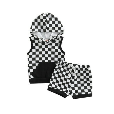 

Qtinghua Infant Baby Boy Summer Outfit Checkerboard Hooded Tank Top with Pocket and Shorts Clothes Black 12-18 Months