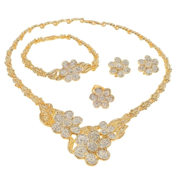 Women's Hugs & Kisses XOXO Real Gold Plated Layered 4 Pieces Wedding Necklace Set Shiny Real Looking Diamond Flowers Pedant Necklace Includes Necklace Bracelet Ring Earrings