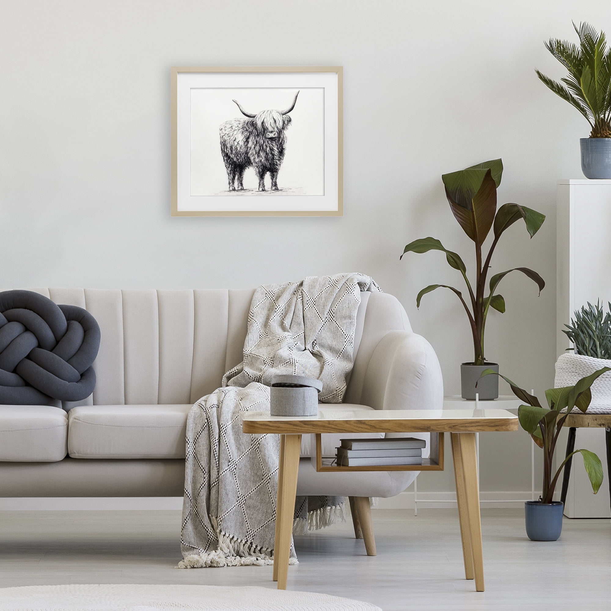 Stupell Industries Highland Cow in Charcoal Birch Framed Print Under Glass, design by Leah Noel Art