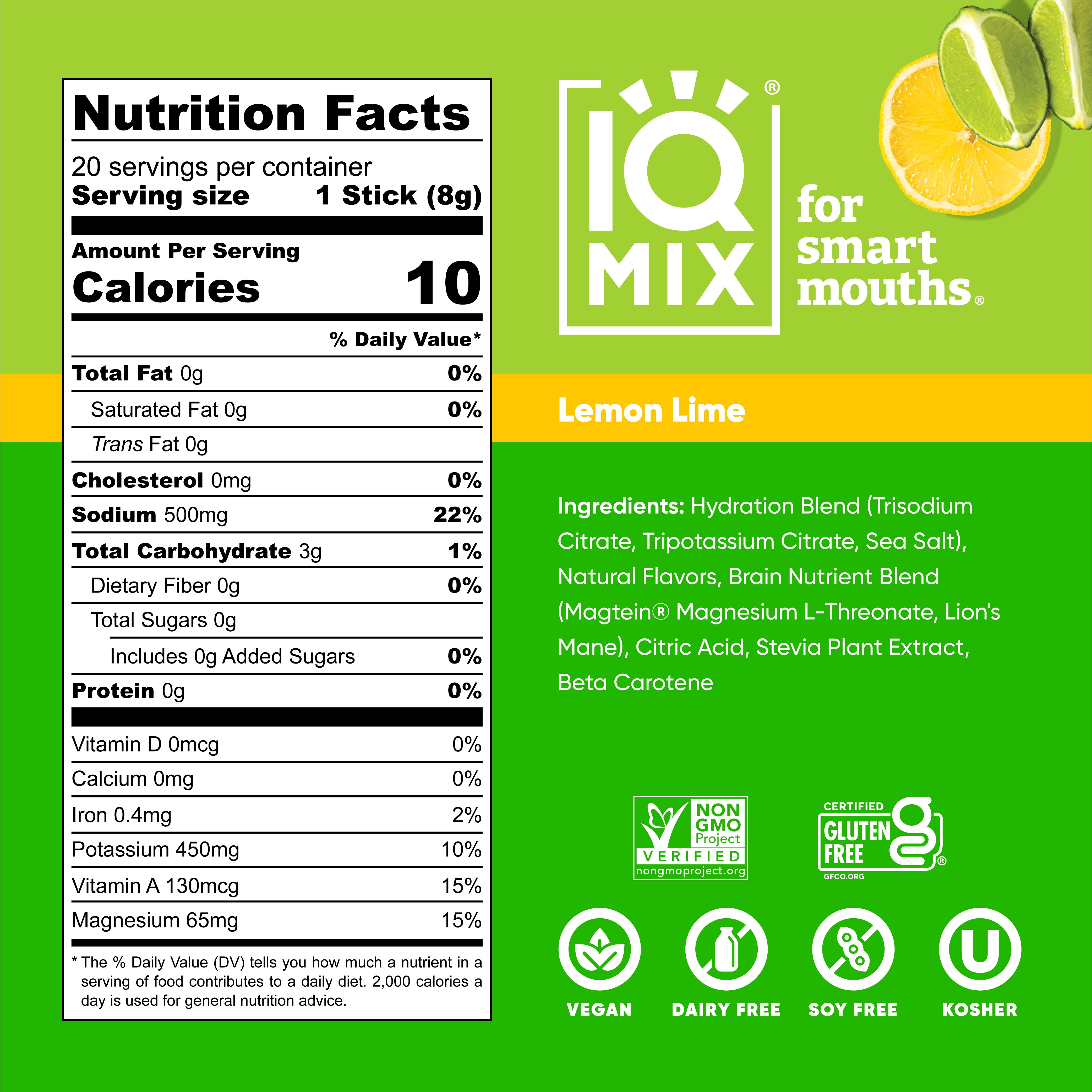 IQMIX Sugar Free Electrolyte Powder Packets - Keto Electrolytes with Lions Mane, Magnesium L-Threonate, Potassium Citrate - Lemon Lime (20-Count)