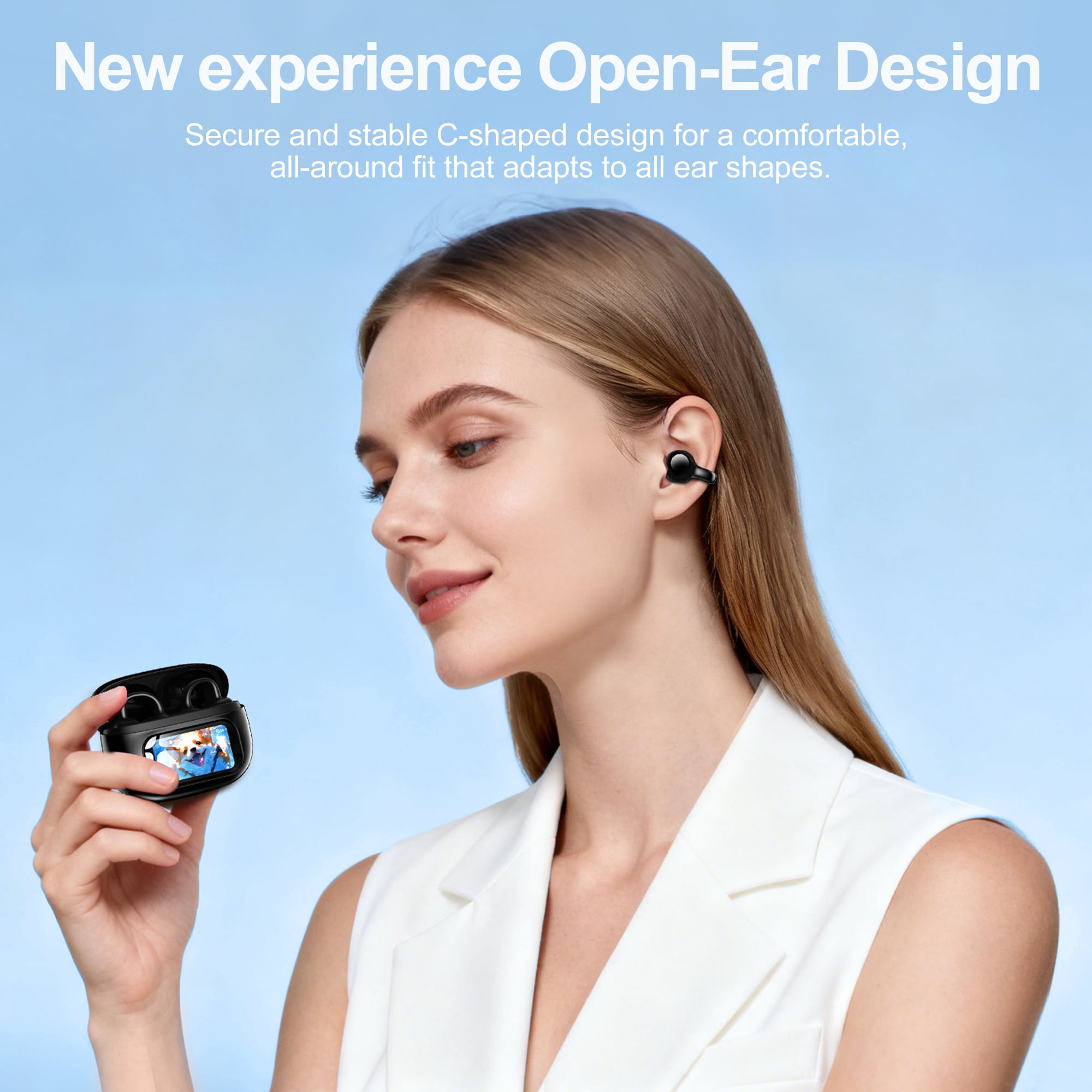 Open-Ear Headphones, Wireless Clip On Earbuds with Touch Screen Charging Case 60H Playtime, Bluetooth 6.0, IPX7 Waterproof, Lightweight Comfort, Stable Fit, Open-Ear Safety Design for Workout/Running
