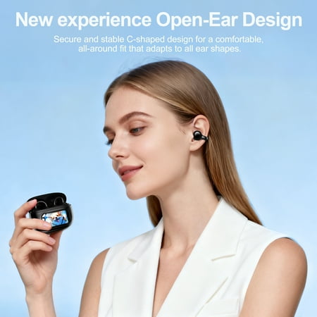 Open-Ear Headphones, Wireless Clip On Earbuds with Touch Screen Charging Case 60H Playtime, Bluetooth 6.0, IPX7 Waterproof, Lightweight Comfort, Stable Fit, Open-Ear Safety Design for Workout/Running