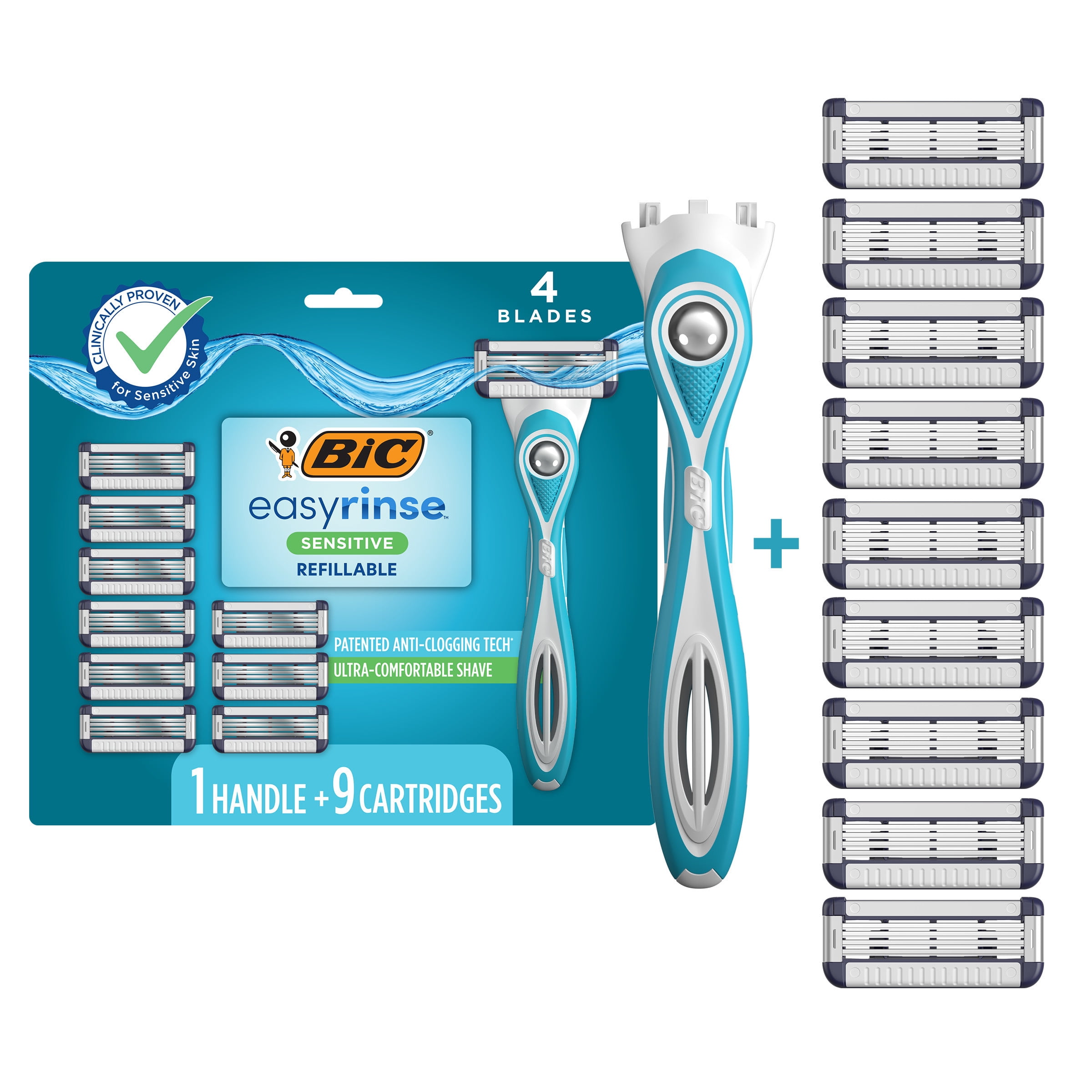 BIC EasyRinse Sensitive Anti-Clogging, Refillable Men's Razors With 4 Blades, 1 Handle and 9 Refill Razor Cartridges