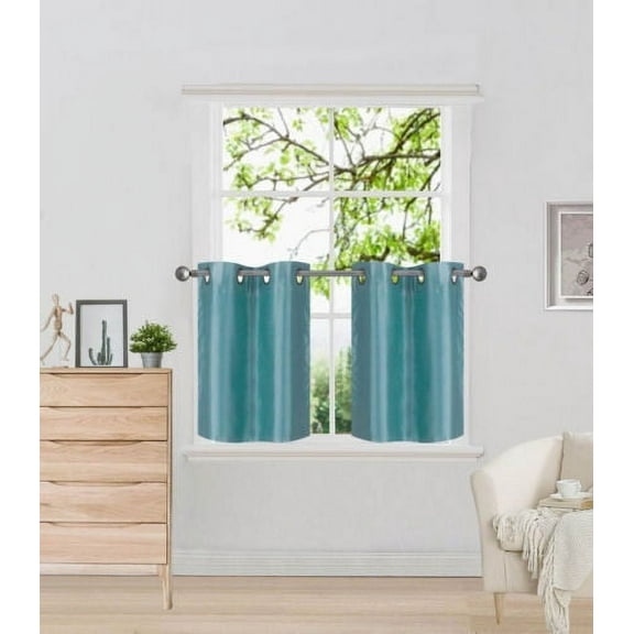D2 Teal 1-Pair of Solid Insulated  Grommet Treatment Curtains for Short Windows, Livingroom, Bathroom or Kitchen, Two (2) Piece Faux Silk Blackout Tier Panels 30" Wide x 24" Length Each