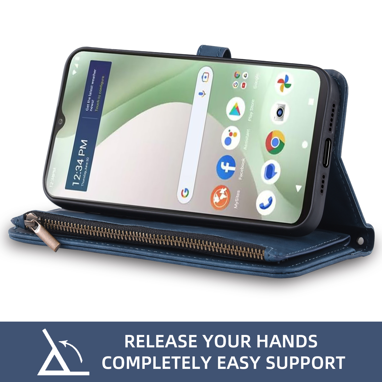 Asuwish Phone Case for Tracfone BLU View 5 B160V Wallet Cover With Tempered Glass Screen Protector Crossbody Wrist Strap Flip Pattern Zipper Card Holder Cell Trac Fone BLUE View5 160V 2024 Women Blue