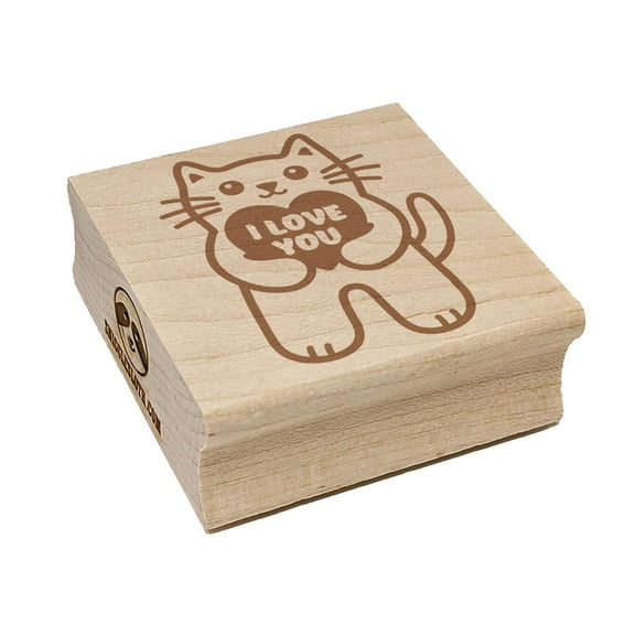 Cat Holding I Love You Heart Anniversary Valentine's Day Square Rubber Stamp Stamping Scrapbooking Crafting - Small 1.25in