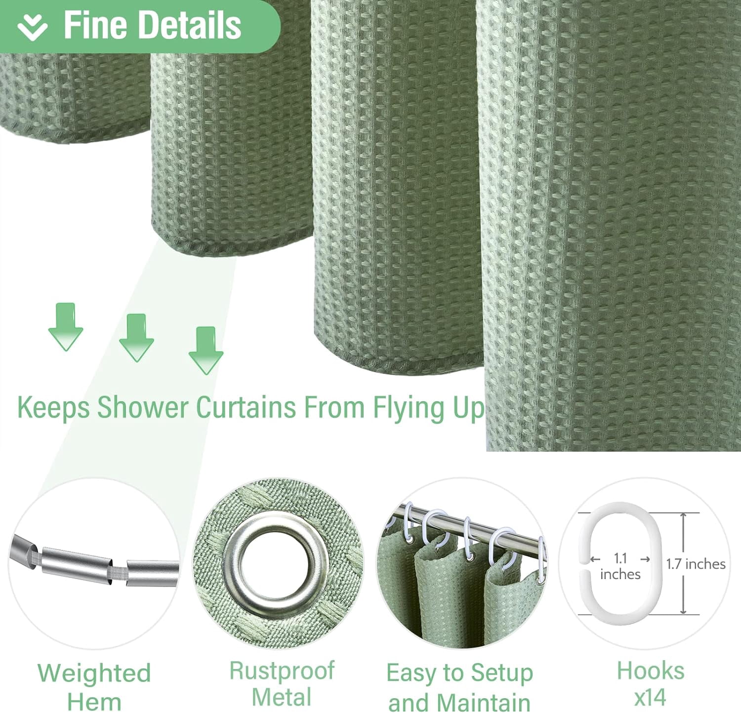 Extra Wide Shower Curtain - 84 Inch Wide Waffle Weave Weighted Thick Cloth Bathroom Shower Curtain, Neutral Heavy Duty Hotel Bath Curtain Set with 14 Plastic Hooks, 84x72, Sage Green