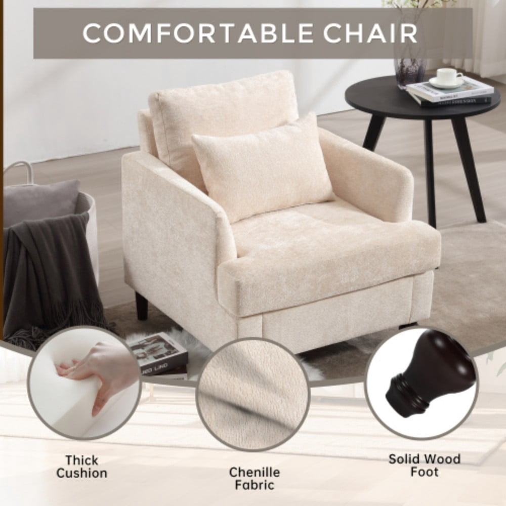 Accent Chair, Mid Century Modern Chenille Armchair with Tufted Back, Studded Solid Wood Frame, Upholstered Lounge Chair for Living Room, Bedroom, Beige
