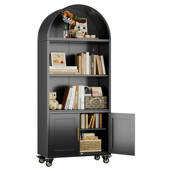 AOBABO 72.3 in Tall Metal Arched Bookcase, 5-Tier Arched Bookcase with Doors, Modern Bookshelf with 2 Adjustable Shelves and Wheels,Black