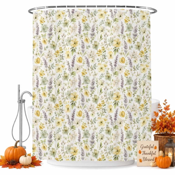 Yellow Wildflowers Shower Curtain Set - 72" x 78" Washable Bathtub Curtain with 12 Hooks, Chic Floral Classic Botanical Waterproof Fabric Stall Shower Curtains for Bathroom/Bathtub Décor