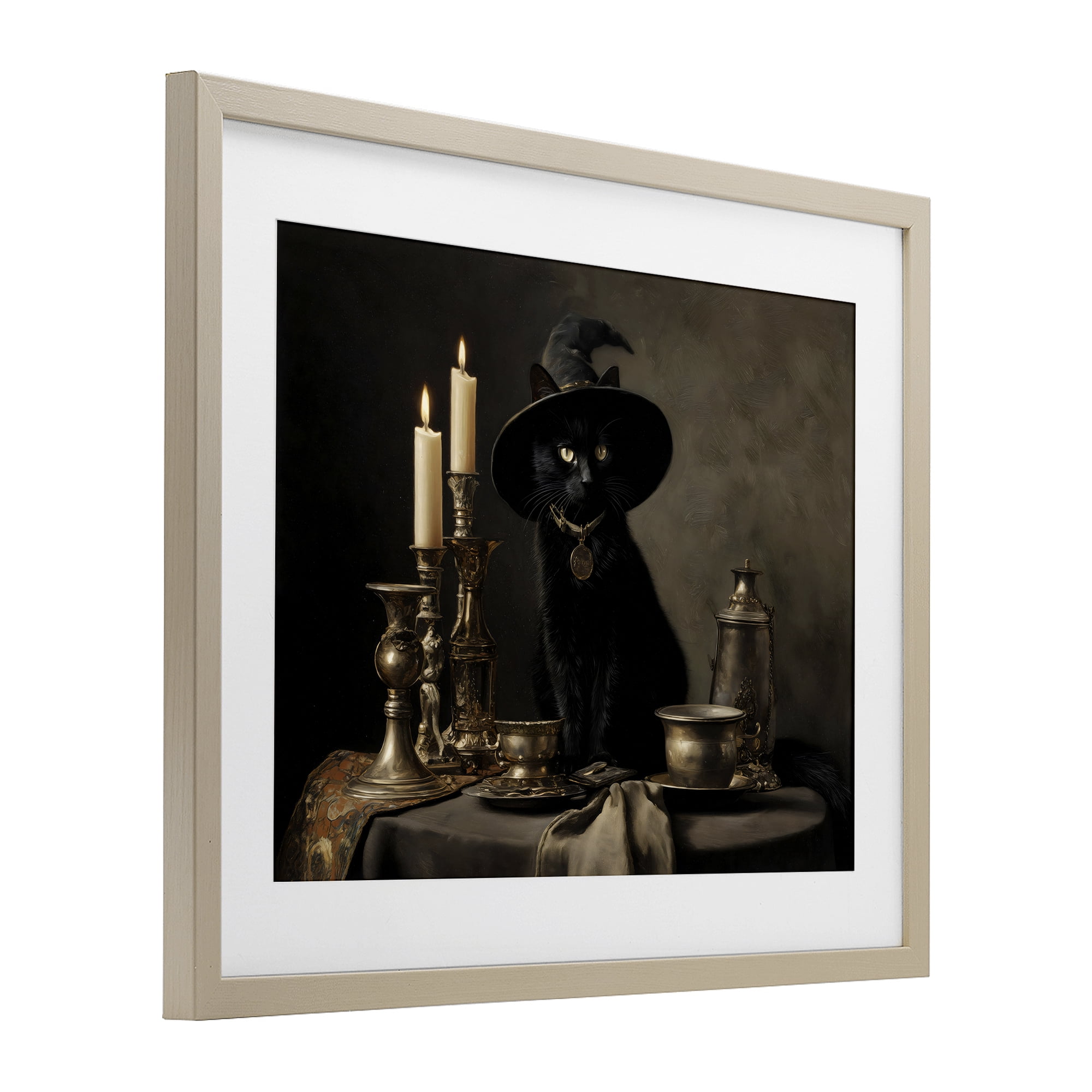 Vintage Witchy Black Cat Birch Framed Print Under Glass, design by Arlington Prints