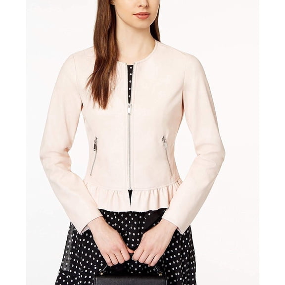 maison Jules Womens Ruffled Motorcycle Jacket, Pink, Medium