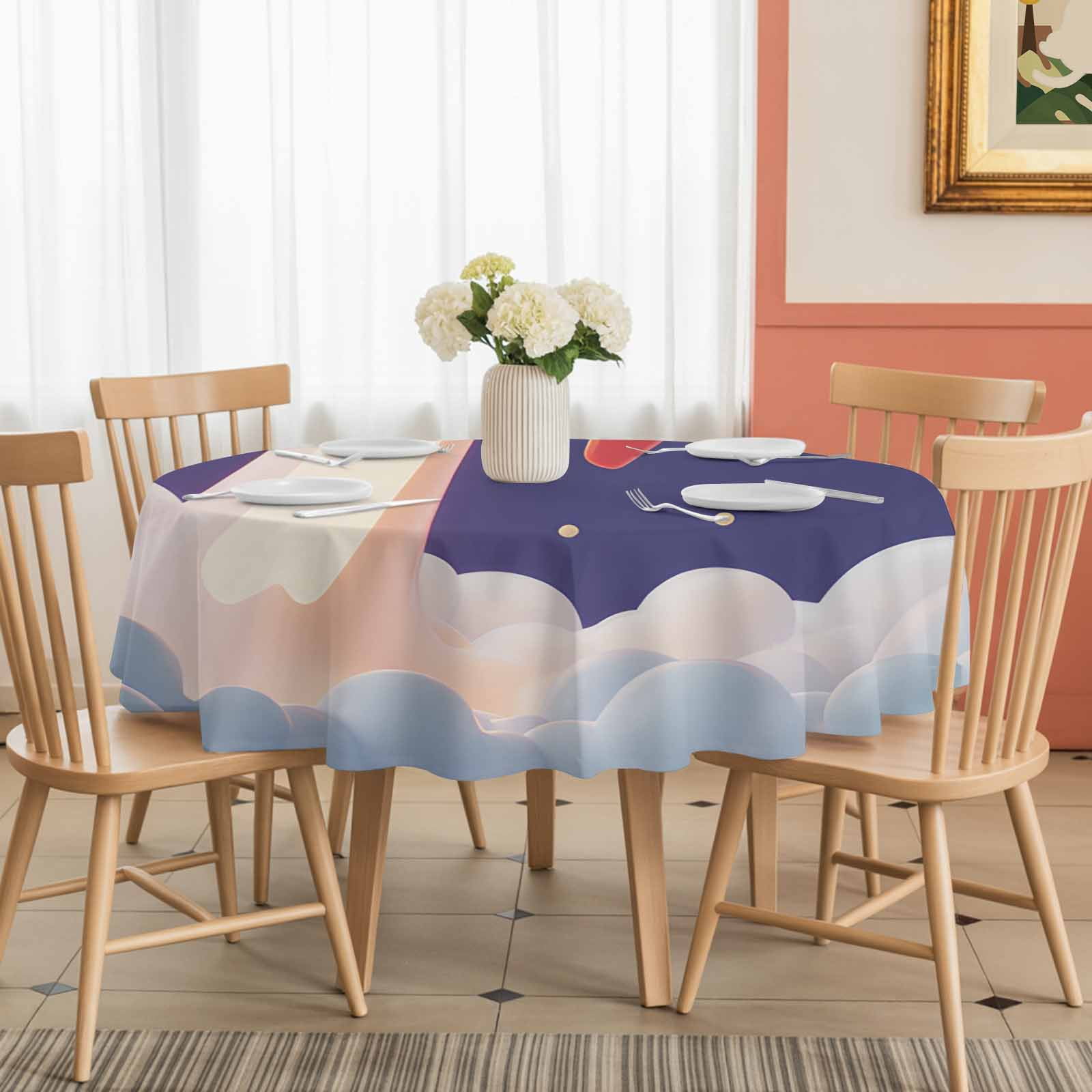 Round Tablecloth Cartoon Navy Blue Space Waterproof Oil Proof Polyester Table Cloth Cover Decor for Home Dining Outdoor,Patio,Parties, 54" Dia. Red 3D Rocket Yellow Stars