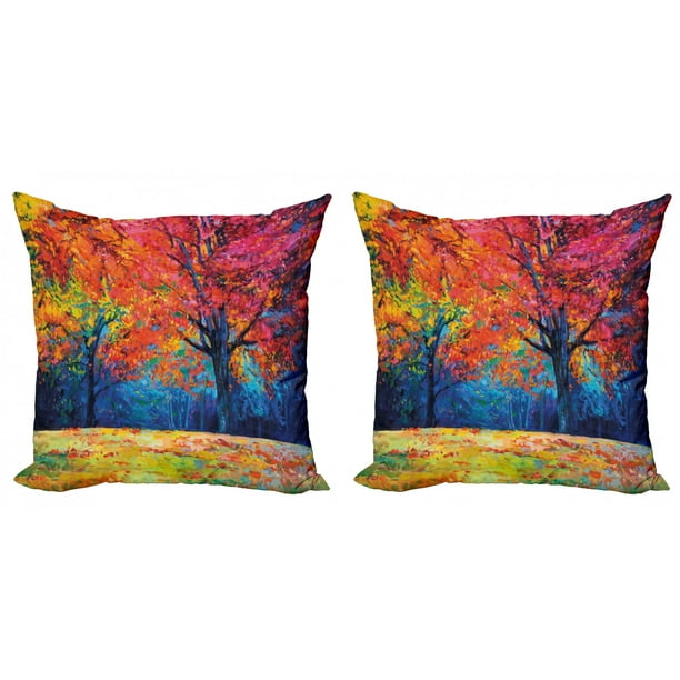 Nature Throw Pillow Cushion Cover Pack of 2, Colorful Trees and Falling