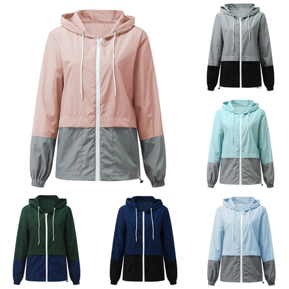 Lovskoo Women's Trench Coat Windbreaker Long Sleeve Color Block Patchwork Thin Hooded Zipper Casual Sport Coat Gray