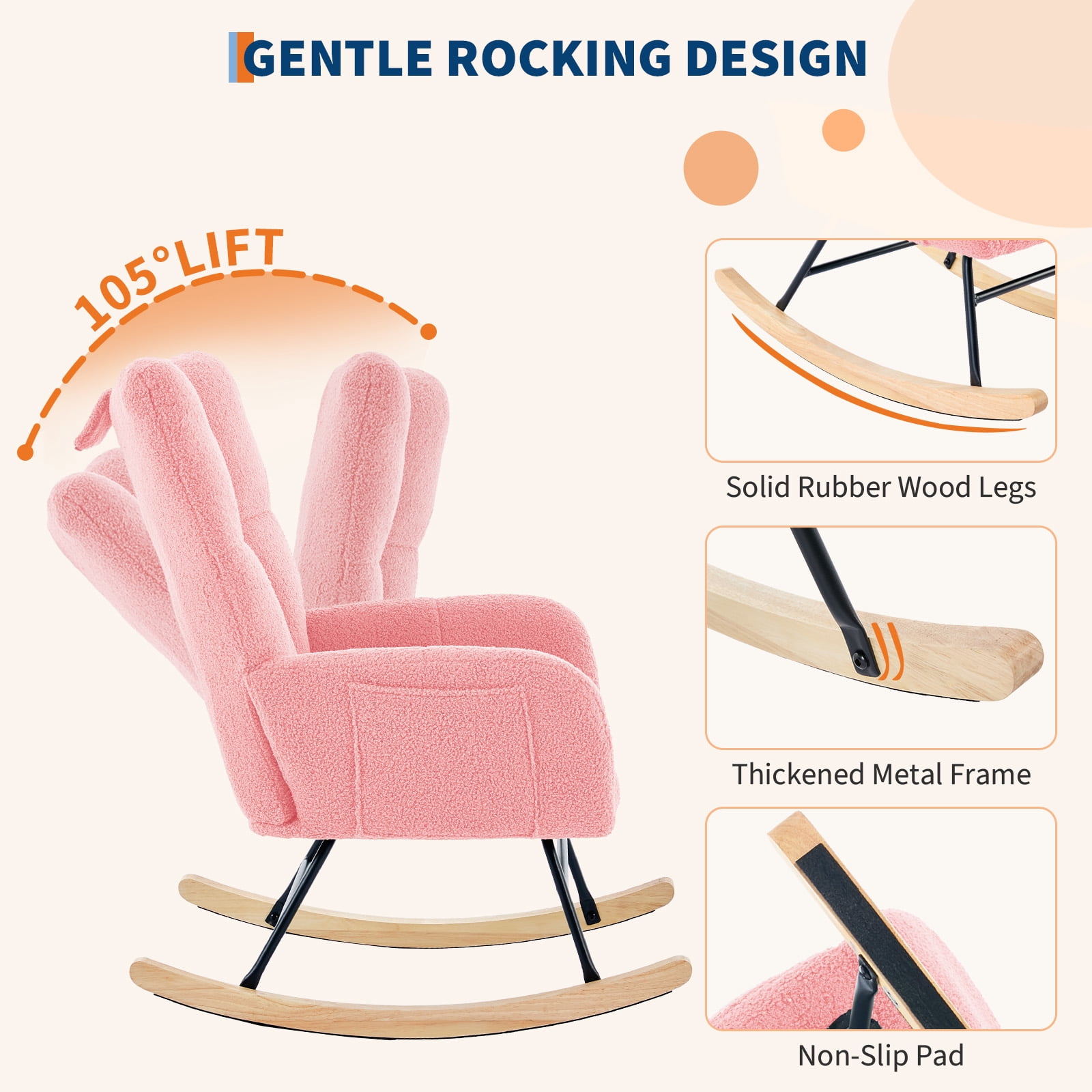 Cozy Upholstered Rocking Chair, Modern Glider Design for Nursery or Living Room, Comfortable High-Back Seat with Neck Pillow Support, Durable Metal Frame and Wooden Rockers, Pink
