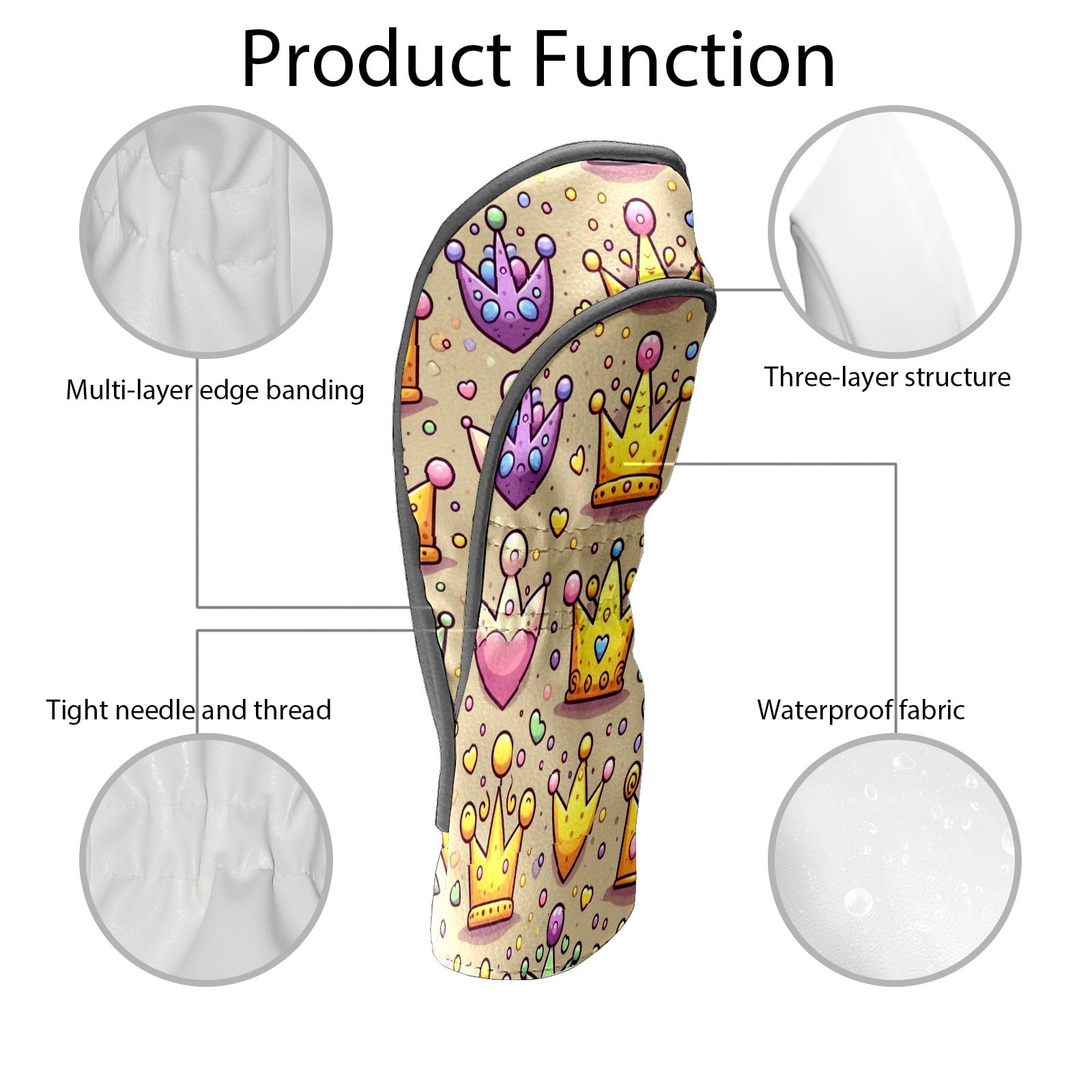 Golf Club Covers, Yellow Purple Crowns Premium PU Leather Driver Hybrid Putter Head Covers with Velvet Lining, Waterproof Golf Gifts for Men Women
