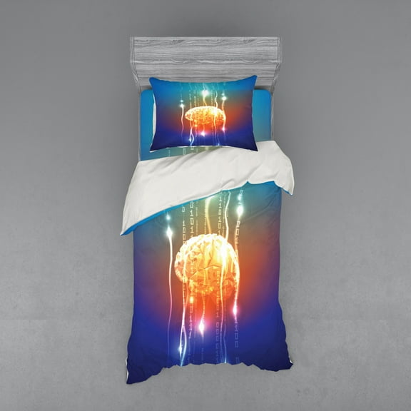 Fantasy Duvet Cover Set, Stream of Binary Digits Leaking from Abstract Brain Mental Creativity Theme Print, Bedding Set with Shams and Fitted Sheet, 3 Sizes, by Ambesonne