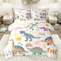 Feelyou Jungle Dinosaur Kids Twin Bedding Sets 7-Piece, Kawaii Dino Animal Bedding Comforter Set, Cartoon Flower Sun Reversible Sheet Sets, Lightweight Room Decor