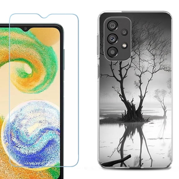 Shockproof Fashion Phone Case for Samsung Galaxy A23 5G, with Tempered Glass Screen Protector, by OneToughShield ® - Tree BW