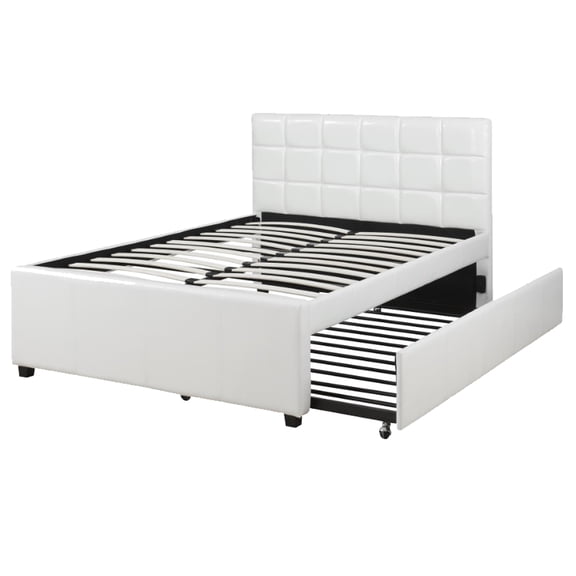 Gracious Wooden Full Bed With Trundle And SQU Tufted HB, White