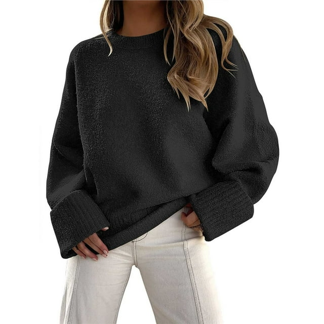 Suéter Informal de Punto Afelpado de Larga Extragrande para Mujer, Ropa de Otoño Negro S
